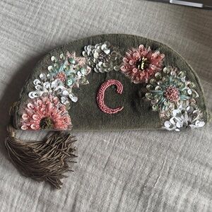 NWOT Embroidered Olive Green Floral Beaded Clutch